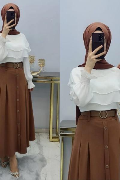 Örme Krep Kumaş Eteğim Kahverengi