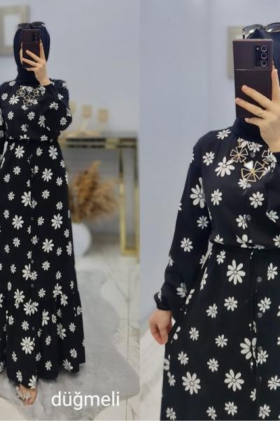 Papatya Elbisem Düğmeli Siyah Beyaz