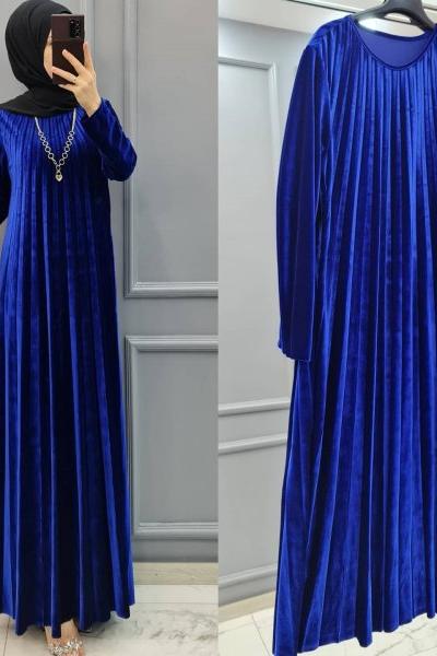 Pliseli Kadife Elbise Saks Mavisi