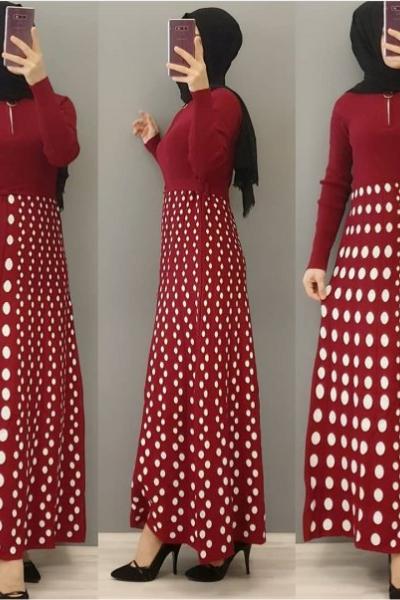 Puanlı Triko Elbisem Bordo