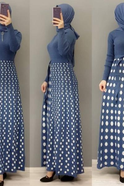 Puanlı Triko Elbisem  Mavi