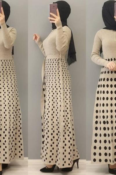 Puanlı Triko Elbisem  Vizon