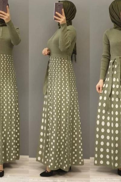 Puanlı Triko Elbisem  Haki