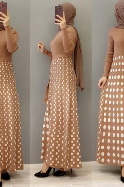 Puanlı Triko Elbisem  Pudra