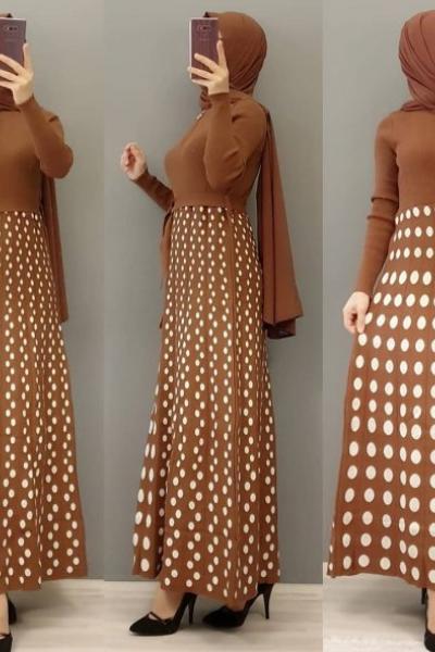 Puanlı Triko Elbisem  Taba