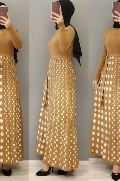 Puanlı Triko Elbisem  Hardal Sarısı