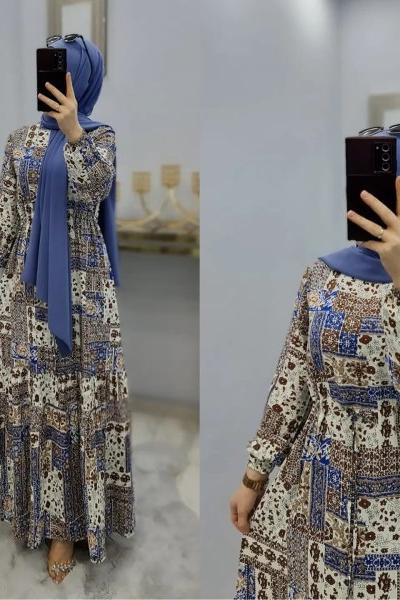 Şal Desen Büyük Beden Elbise  Mavi