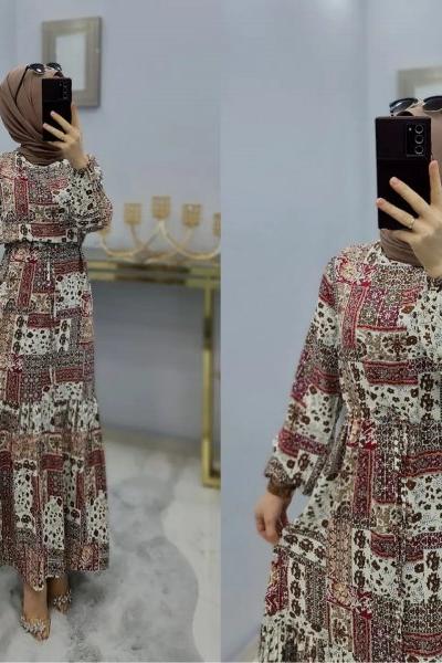 Şal Desen Büyük Beden Elbise  Bordo