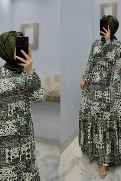 Şal Desen Büyük Beden Elbise  Yeşil