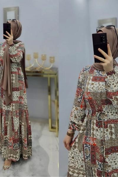 Şal Desen Büyük Beden Elbise  Kiremit