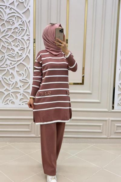 Şerit Tesettür Triko Takım Gül