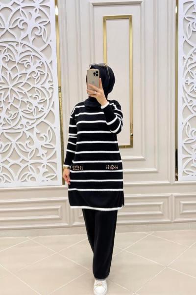 Şerit Tesettür Triko Takım Siyah