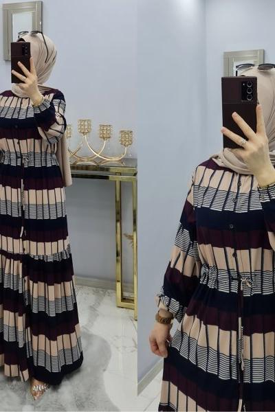 Şeritli Renkli Yazlık Elbisem  Açık Mor