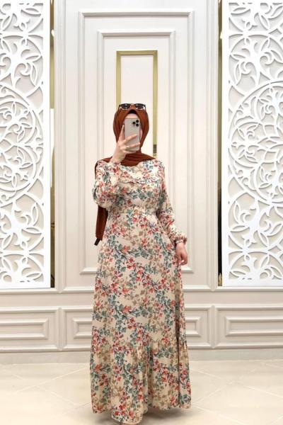 Sibel Tesettür Elbise Krem