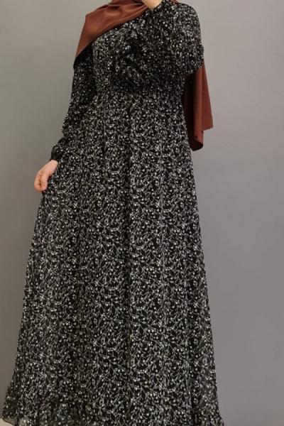 Şifon Elbise Astarlı Beli Lastikli  Siyah