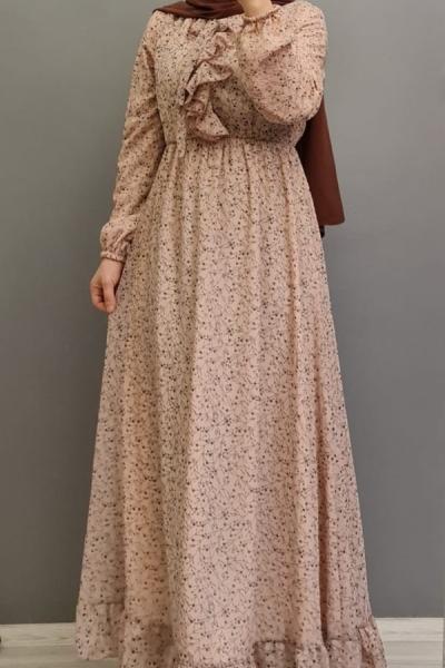 Şifon Elbise Astarlı Beli Lastikli  Pudra