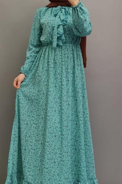 Şifon Elbise Astarlı Beli Lastikli  Mint Yeşili