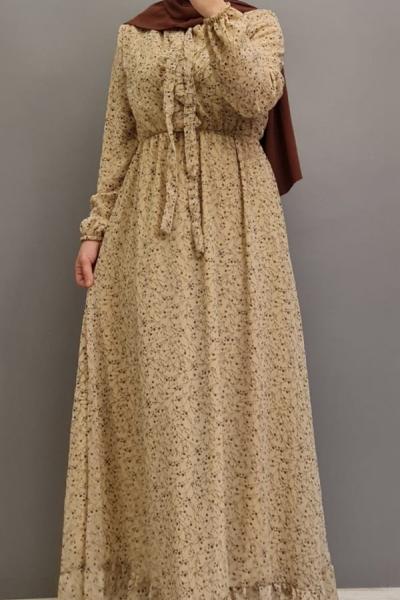 Şifon Elbise Astarlı Beli Lastikli  Krem