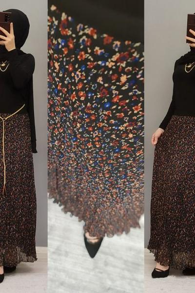 Şifon Etek Zamanı Başladı Hanımlar  Siyah Bordo