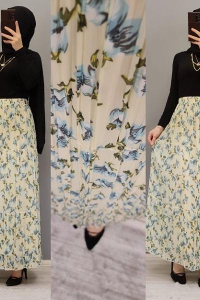 Şifon Etek Zamanı Başladı Hanımlar  Mavi Ekru