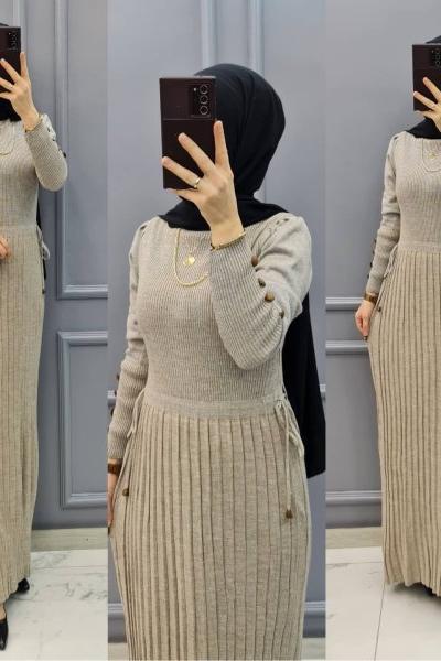 Simli Triko Elbisem Taş Rengi