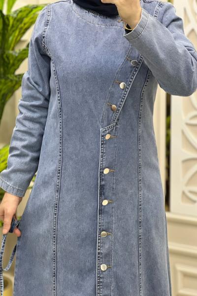 Su Boydan Düğmeli Kot Elbise  Açık Mavi