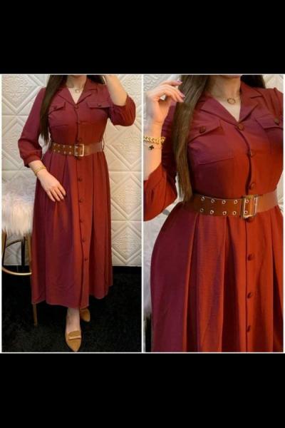 Süper Yeni Model Ayrobin Kumaş Elbise Bordo