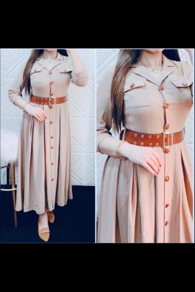 Süper Yeni Model Ayrobin Kumaş Elbise  Vizon