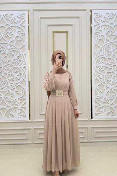 Tesettür Abiye Elbisem Bej