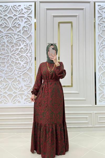 Tesettür Dalga Elbisem Bordo