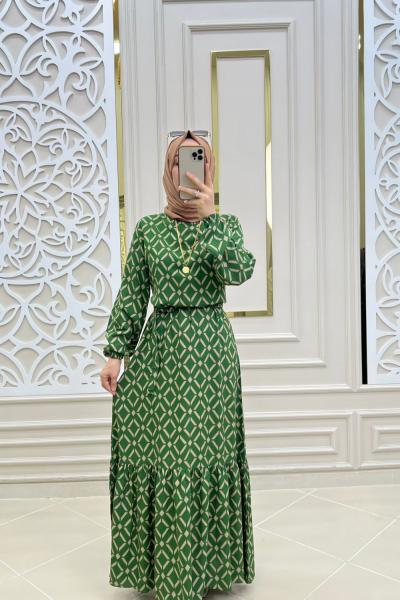 Tesettür Bakla Elbise Yeşil