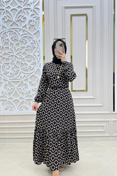 Tesettür Bakla Elbise Siyah Ekru