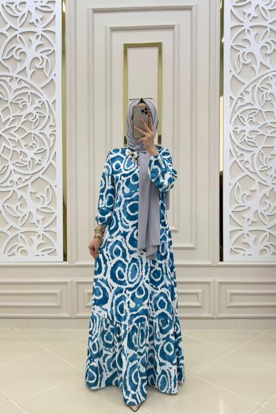 Tesettür Hülya Elbisem Beyaz mavi