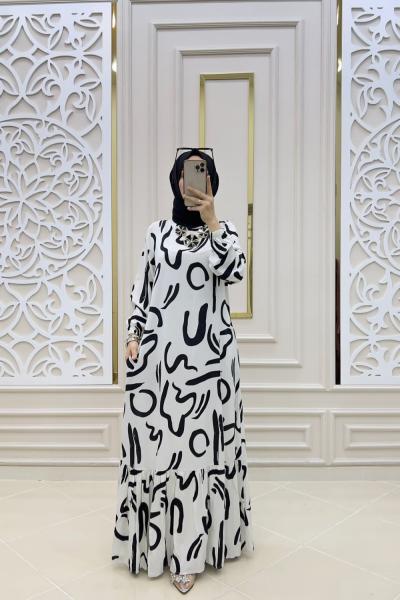 Tesettür Sevcan Elbisem Beyaz Siyah