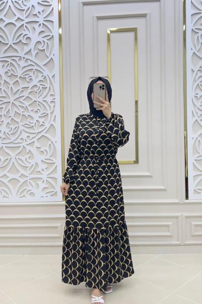 Tesettür Midye Elbisem Siyah Sari