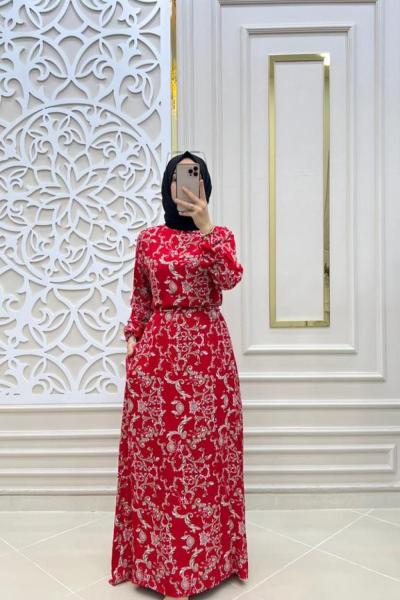 Tesettür Zincir Elbisem Kırmızı