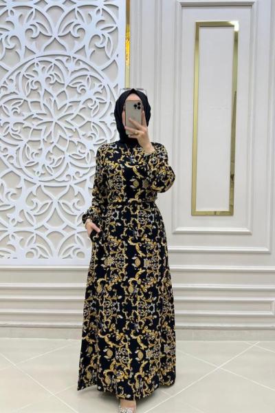 Tesettür Zincir Elbisem Siyah Sari