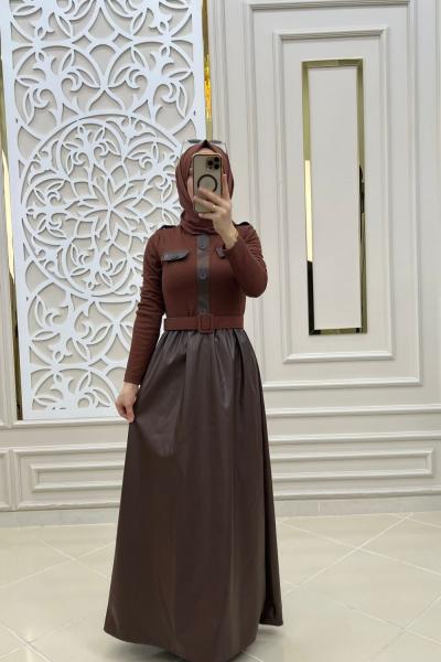 Tesettür Deri Ekim Elbise Kahverengi