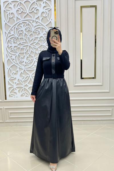 Tesettür Deri Ekim Elbise Siyah
