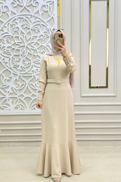 Tesettür Kuğu Elbise  Bej