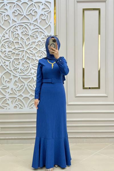 Tesettür Kuğu Elbise  Mavi