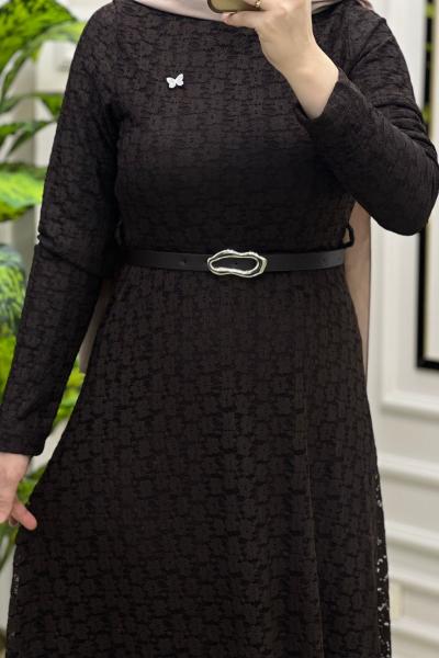 Tuba Dantel Elbise  Kahverengi