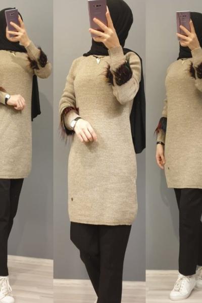 Tül Detay Tuniğim Taş Rengi