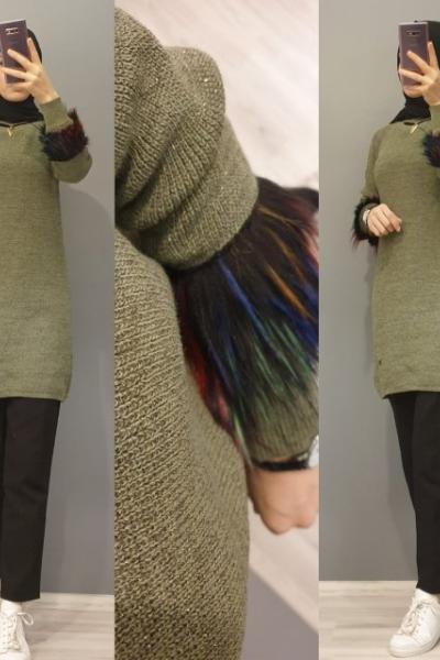 Tül Detay Tuniğim Haki