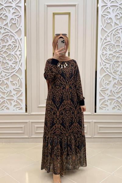 Turam Şifon Elbisem Siyah Kahverengi