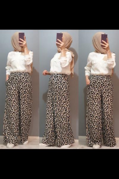 Viskon Pantolon Papatya Model Siyah Ekru