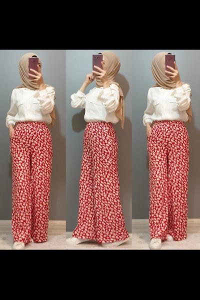 Viskon Pantolon Papatya Model Kırmızı