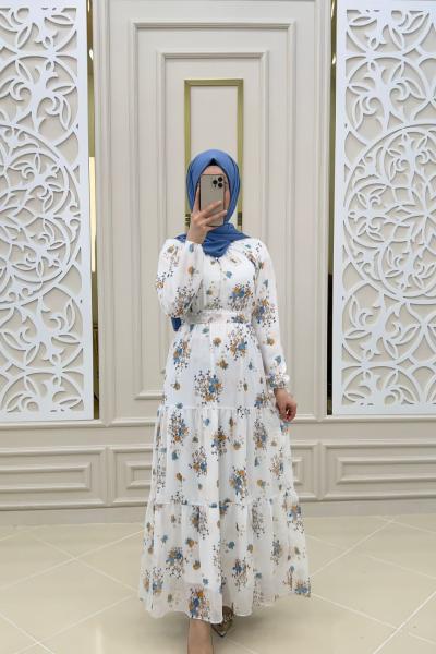 Yakamoz Şifon Elbise  Mavi turuncu