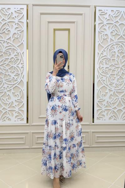 Yakamoz Şifon Elbise  Mavi Pembe