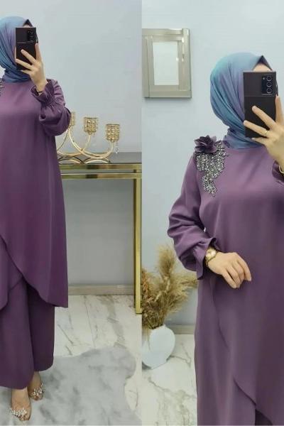 Yakası Taş Detaylı takımım Lila